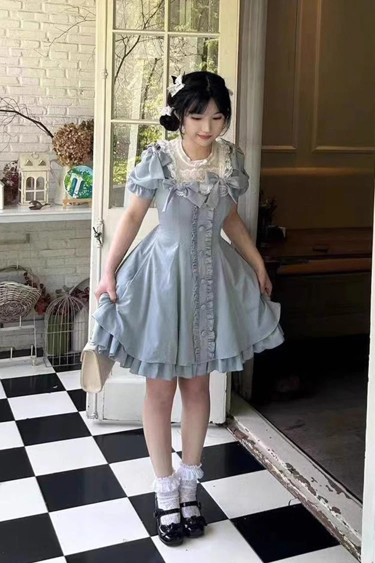 Light Blue Annie's Gift Short Sleeves Bowknot Short Version Sweet Lolita Dress (Plus Size Support) 4 Light Blue Annie's Gift Short Sleeves Bowknot Short Version Sweet Lolita Dress (Plus Size Support) - Image 2