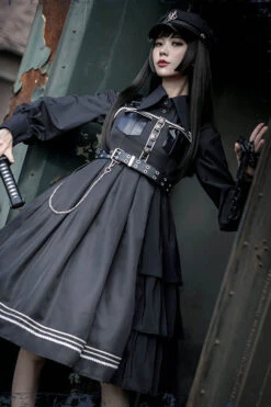 Dark V Neck Bowknot Rivets Epaulettes Sleeveless Military Uniform PU Gothic Lolita Jsk Dress -LolitaInside 4f44d801c0721c484e318fa468e348fe