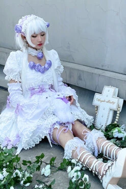 White/Purple Puff Short Sleeves Princess Gothic Lolita Tiered Dress -LolitaInside 4f45a3057d1af1f9db7d55a6727d2931