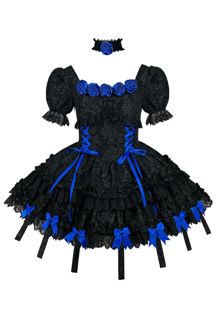 Black/Blue Puff Short Sleeves Princess Gothic Lolita Tiered Dress 6 Black/Blue Puff Short Sleeves Princess Gothic Lolita Tiered Dress - Image 4