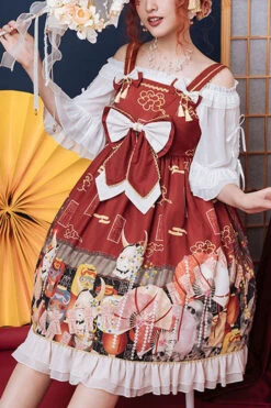 Wine Demon Mask Print Bowknot High Waisted Sling Sweet Lolita Dress