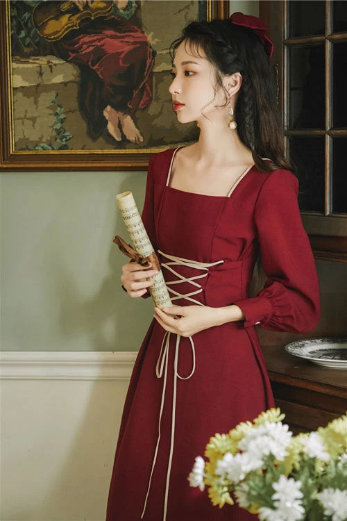 Wine Solid European Manor Square Collar Long Sleeves High Waisted Classic Lolita OP Dress 6 Wine Solid European Manor Square Collar Long Sleeves High Waisted Classic Lolita OP Dress - Image 4