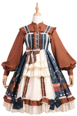 Blue/Brown Christmas Bread Squirrel Gift Print Cardigan Bowknot Multi-Layer Ruffled Sweet Lolita JSK Dress -LolitaInside 503586de697777fc436f67d13b1d6f19