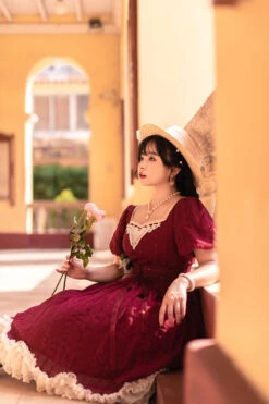 Wine Elegant Vintage Square Collar Short Sleeves Multi-Layer Ruffled Classic Lolita OP Dress -LolitaInside 50511befab8b46edf3b4da0be125b0c9