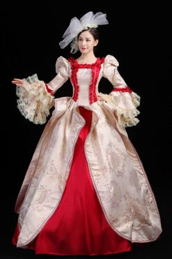 Wine/Golden Stitching Court Style High Waisted Trumpet Sleeves Embroidery Floral Print Victorian Lolita Prom Dress -LolitaInside 509098947298682c12e208047c6fe8f4