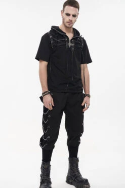 Black Punk Short Sleeve Metal Zipper Lace-Up Knit Loose Casual Hooded Men's T-Shirt -LolitaInside 50c04a004129342e14fcce7355b3deff