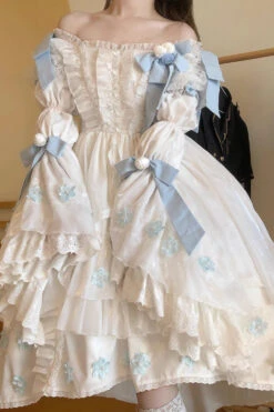 White Boat Neck Multi-layer Ruffle Hanayome Bowknot Sweet Princess Lolita Strapless Dress -LolitaInside 51156036e4eadd35d09c581dfb06d77f