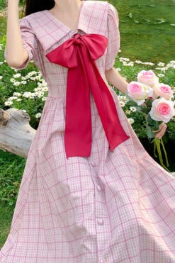 Pink Navy Lapel Collar Check Short Sleeves High Waisted Long Plus Size Sweet Lolita Dress -LolitaInside 51a0d09060bb3d8ee29c9ad188d7904a