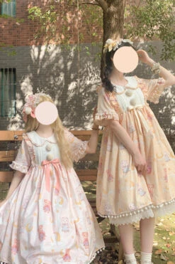 Yellow Doll Collar Short Sleeves Bunny Bear Moon Print Bowknot Stitching Sweet Lolita Dress -LolitaInside 524506c7344f2669a912cd06d4e94341