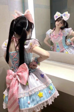 Blue/Pink Magical Girl Short Sleeves Ruffle Bowknot Stars Sweet Princess Lolita Dress -LolitaInside 5246086b8ec6d27ef1c335876a449276