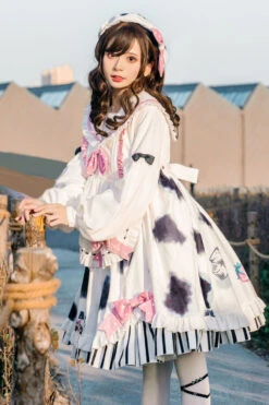 Doll Collar Lantern Long Sleeves Cow Printed Stitching Bowknot Ruffled Sweet Lolita Op Dress -LolitaInside 527375b1e4ebfdd65a1db75cf649bcd1