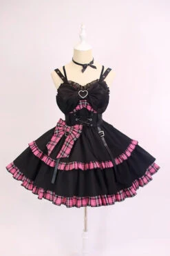 Black/Pink Plaid Print Color Contrast Leather Buckle Bowknot Ruffle Gothic Lolita JSK Dress 12 Black/Pink Plaid Print Color Contrast Leather Buckle Bowknot Ruffle Gothic Lolita JSK Dress -LolitaInside 52f590896434b0721128c423795c1b69