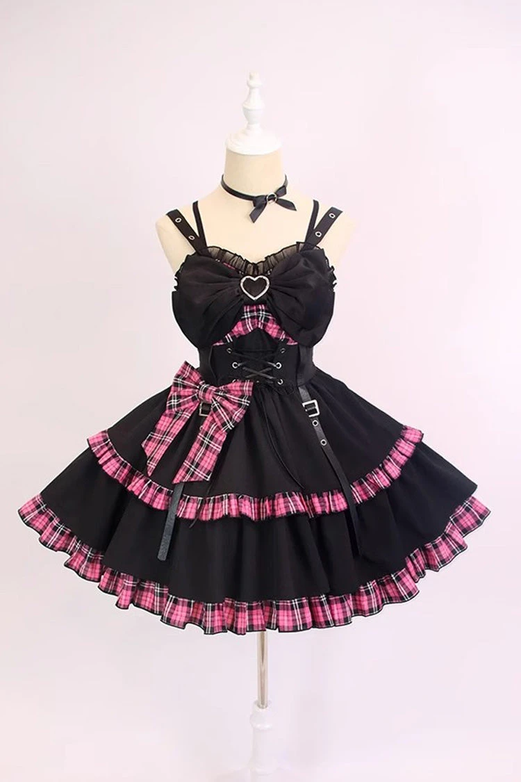 Black/Pink Plaid Print Color Contrast Leather Buckle Bowknot Ruffle Gothic Lolita JSK Dress 5 Black/Pink Plaid Print Color Contrast Leather Buckle Bowknot Ruffle Gothic Lolita JSK Dress - Image 3