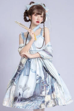 Light Blue Vintage Landscape Garden Chinese Style Print High Waisted Ruffled Classic Lolita JSK Dress -LolitaInside 5347c916c2c3e0b8a8a2d6c307b4e52e