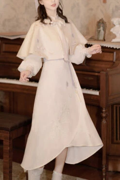 Beige Retro Stand Up Collar Ruffled Lantern Sleeves Butterfly Embroidery Classic Lolita OP Dress Full Set