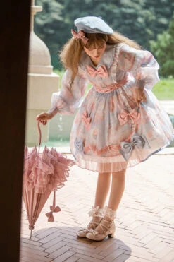 Pink/Blue Doll Collar Long Sleeves Rabbit Candy Paper Print High Waisted Sweet Lolita OP Dress -LolitaInside 545331195c1bc0cd73177429325778b1