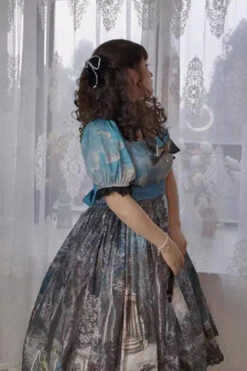 Multi-Color Square Collar Lace Short Sleeves Oil Painting Print Plus Size High Waisted Classic Lolita OP Dress -LolitaInside 5462a2c3a93204fd98566c8a46a60599