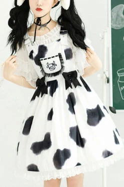 White Cow Pattern Print Bowknot Ruffled Sweet Lolita JSK Dress