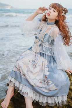 Blue Chinese Mythology Print High Waist Lace Trim Sweet Lolita JSK Dress -LolitaInside 54a97b136b788f4d7ef6383ac227a7d8