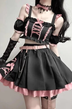 Black/Pink Tie Bow Gothic Sweet Lolita Strapless Skirt Dress 2 Pieces Set -LolitaInside 55068e9b05192561b41928007018a7d4