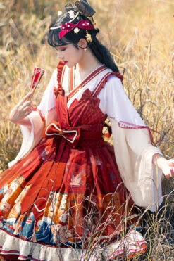 Wine Ukiyolu Cat Print Long Sleeves Chinese Style Fake Two Pieces Bowknot Ruffled Sweet Lolita OP Dress -LolitaInside 554a277634421eb41991431dd85bb880