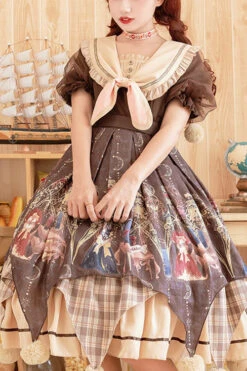 Brown Alchemist Cartoon Anime Print Doll Collar Bowknot Short Sleeves Multi-Layer Pompom Sweet Lolita OP Dress