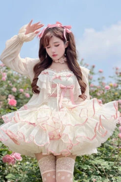 Pink/Beige Ballerina Style Bowknot Slim Fluffy Princess Sweet Lolita Tiered Dress -LolitaInside 556c87cc37f20f187176d93a325f1da1
