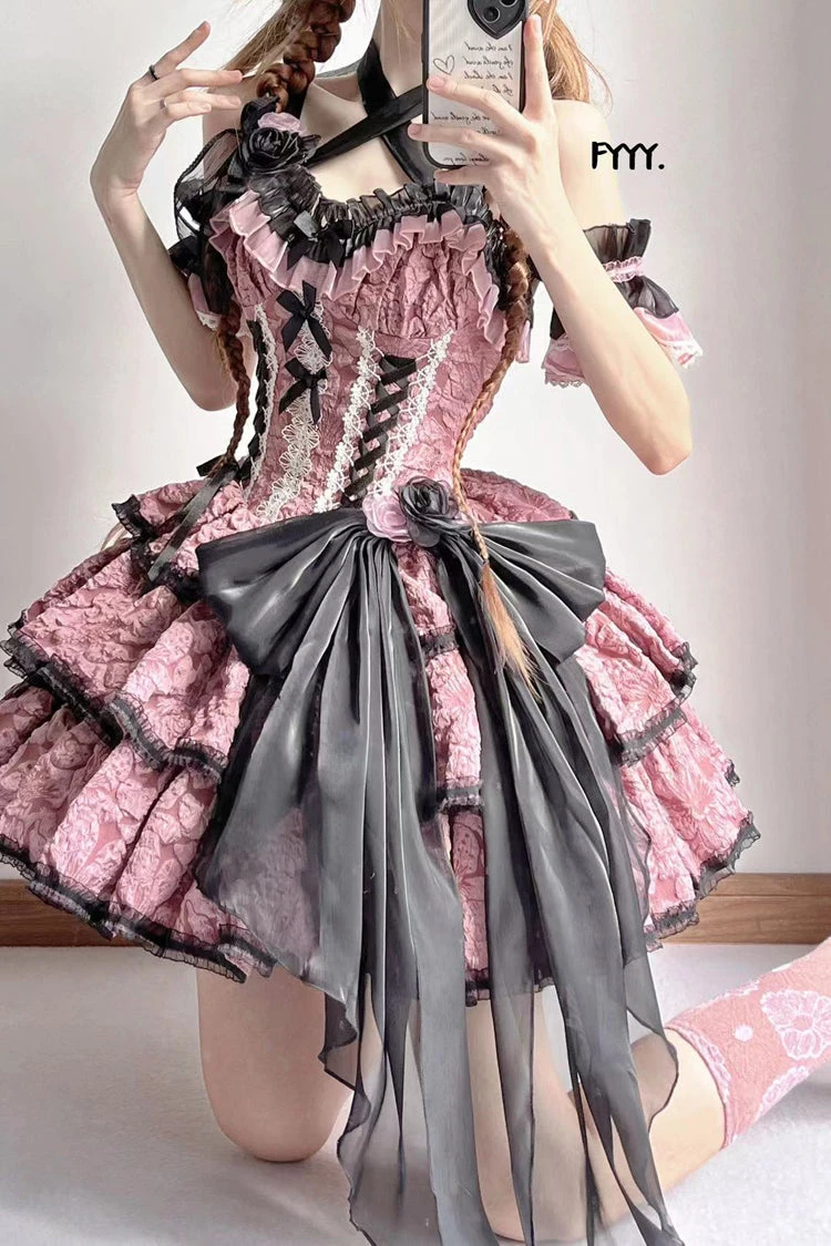 Pink Medea Kiss Short Sleeves Gothic Lolita JSK Tiered Dress 5 Pink Medea Kiss Short Sleeves Gothic Lolita JSK Tiered Dress - Image 3