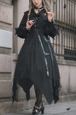 Black Lapel Collar Cat Eye Irregular Hem Gothic Lolita OP Dress