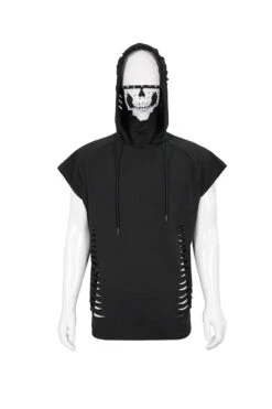 Black Skull Print Super High Neck Masked Rivet Hole Hooded Short Sleeve Men's Punk T-Shirt -LolitaInside 56d33fbcfdaaa90418f2740255bd2b3a