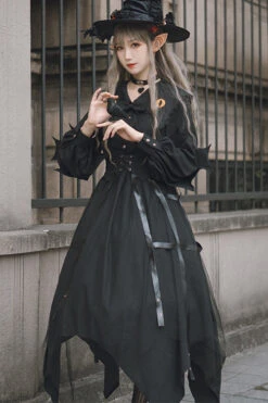 Black Lapel Collar Cat Eye Irregular Hem Gothic Lolita OP Dress -LolitaInside 56e2700377ddd3f98cf59b8c7d006f5b