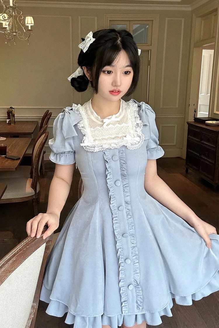 Light Blue Annie's Gift Short Sleeves Bowknot Short Version Sweet Lolita Dress (Plus Size Support) 8 Light Blue Annie's Gift Short Sleeves Bowknot Short Version Sweet Lolita Dress (Plus Size Support) - Image 6