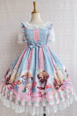 Chocolate Cat Print Ruffled High Waisted Sweet Lolita JSK Dress