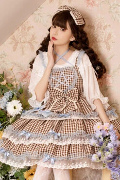 Brown Plaid Print Lace Layered Ruffled High Waist Sweet Lolita JSK Dress -LolitaInside 594e62a7fa9dabe15d4c272d3574152b