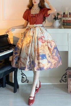 Red Puff Sleeve Church Victory Print Classic Lolita OP Dress