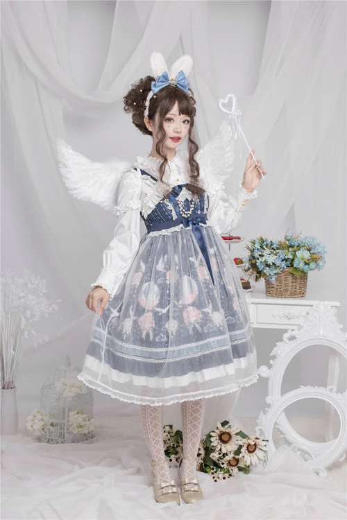 Blue Chiffon Flower Wedding Wearing Veil Princess Sweet Lolita JSK Dress 4 Blue Chiffon Flower Wedding Wearing Veil Princess Sweet Lolita JSK Dress - Image 2