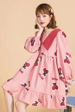 Pink Lapel Collar Long Sleeved Cherry Print Stitching Bowknot Ruffled Slimming Sweet Lolita Dress -LolitaInside 59b4b2b8152bf4bab7ba6ee75a9ef846