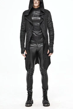 Black Hooded Wrinkled Sleeves Circuit Diagram Print Knit Long Mens Punk Coat