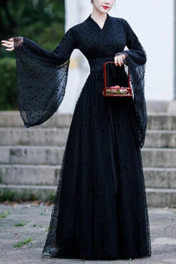 Black Costume Polka Dot Print Classic Hanfu Dress