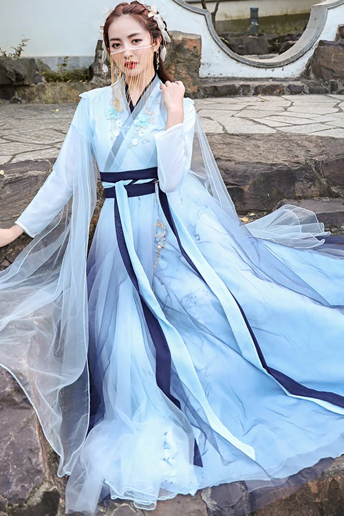 Blue Glazed Chest Embroidered Sweet Hanfu Dress 6 Blue Glazed Chest Embroidered Sweet Hanfu Dress - Image 4