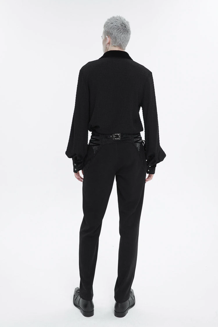 Black Embroidered Chest With Drawstring Strappy Puff Sleeved Men's Gothic Shirt 6 Black Embroidered Chest With Drawstring Strappy Puff Sleeved Men's Gothic Shirt - Image 4