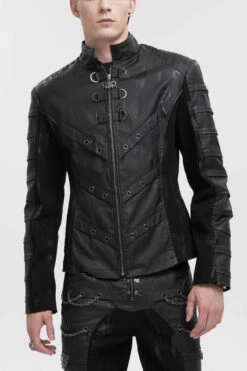 Black Stand Collar Stretch Faux Leather Twill Woven Men's Punk Jacket