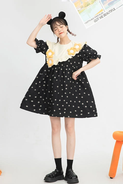 Black Ruffled Splicing Round Collar Bubble Short Sleeves Floral Print High Waisted Sweet Lolita Dress 6 Black Ruffled Splicing Round Collar Bubble Short Sleeves Floral Print High Waisted Sweet Lolita Dress - Image 4