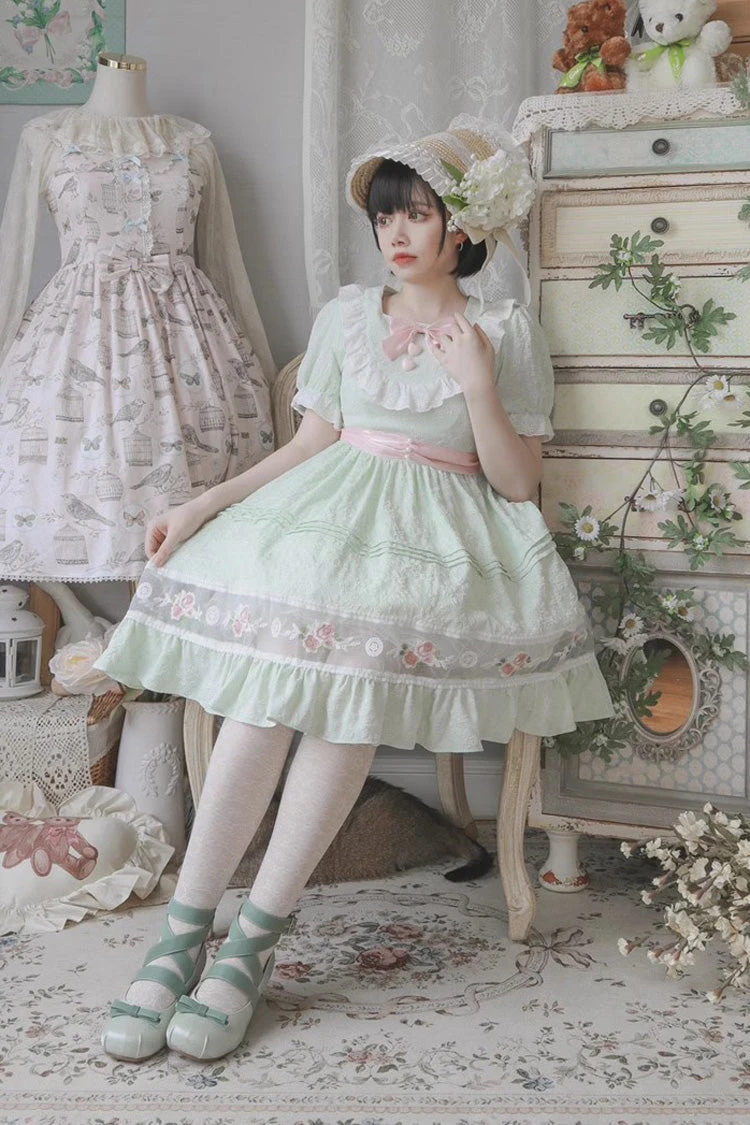 Green Short Sleeves Rose Print Ruffle Bowknot Sweet Lolita Dress 4 Green Short Sleeves Rose Print Ruffle Bowknot Sweet Lolita Dress - Image 2