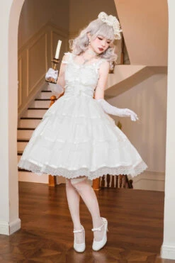 White Sleeveless Multi-layer Ruffle Bowknot Sweet Princess Lolita Jsk Dress -LolitaInside 5be7be638762a1918de6f50b6d79f45c