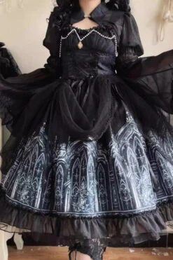 Black Sleeveless Church Of Silent Night Print Ruffle Gothic Lolita Jsk Dress -LolitaInside 5c080d67fa89df1612cd4e5379ed225e