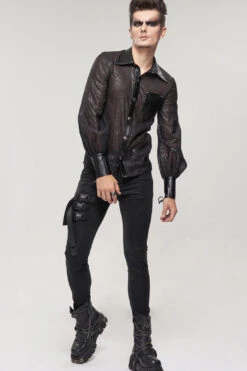 Black Punk Vertical Pattern Printing Cuff Drawstring Decoration See-Through Men's Shirt -LolitaInside 5c36140c60a0f8b7769ac91bdb673590