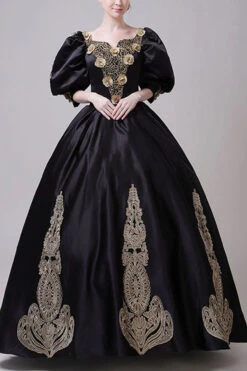 Boat Neck Half Sleeves High Waisted Three Dimensional Golden Floral Hollow Print Victorian Lolita Prom Dress -LolitaInside 5c9278f46f5c04488f7050370f341af9