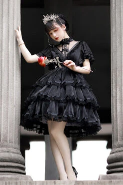 Dark Black Castle Night High Waisted Ruffled Hanayome Gothic Lolita Tiered Dress -LolitaInside 5cff191f78ebeaa7972d777ead51b274