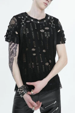 Black Half Hollow Shoulder Tie Design Men's Punk T-Shirt